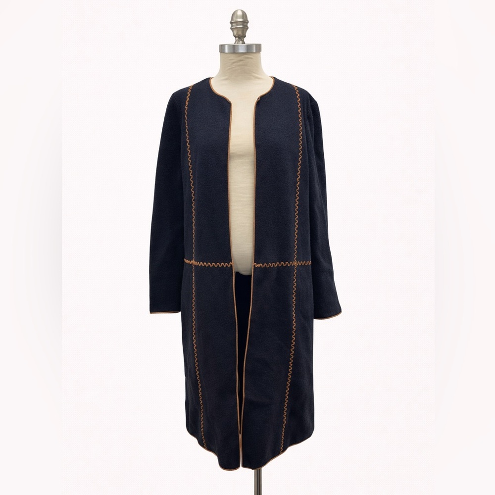 WORTH Navy Blue Wool Open Front Longline Cardigan with Faux Leather size M